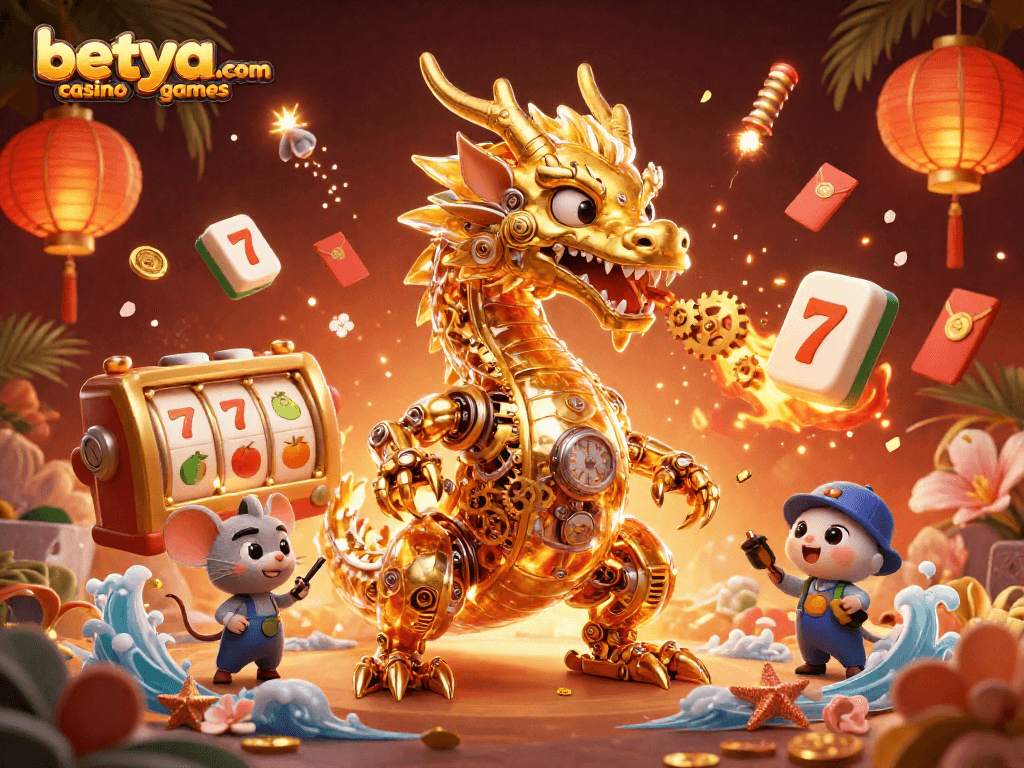 Experience thrilling betya.com casino games with this vibrant 3D illustration of a golden dragon and captivating game elements.