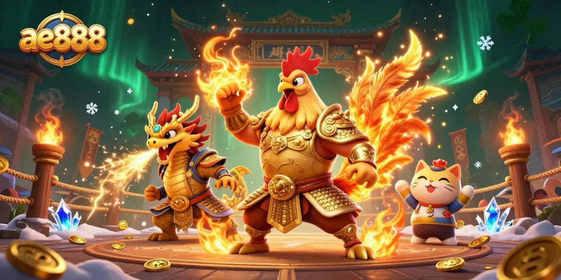 Experience the excitement of ae888 with a spectacular fighting rooster warrior and dragon in a vibrant casino scene.