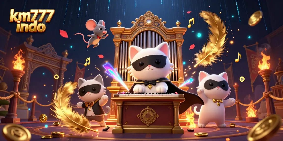 Experience thrilling action at km777 indo featuring a phantom cat and mouse acrobat in a vibrant casino scene.