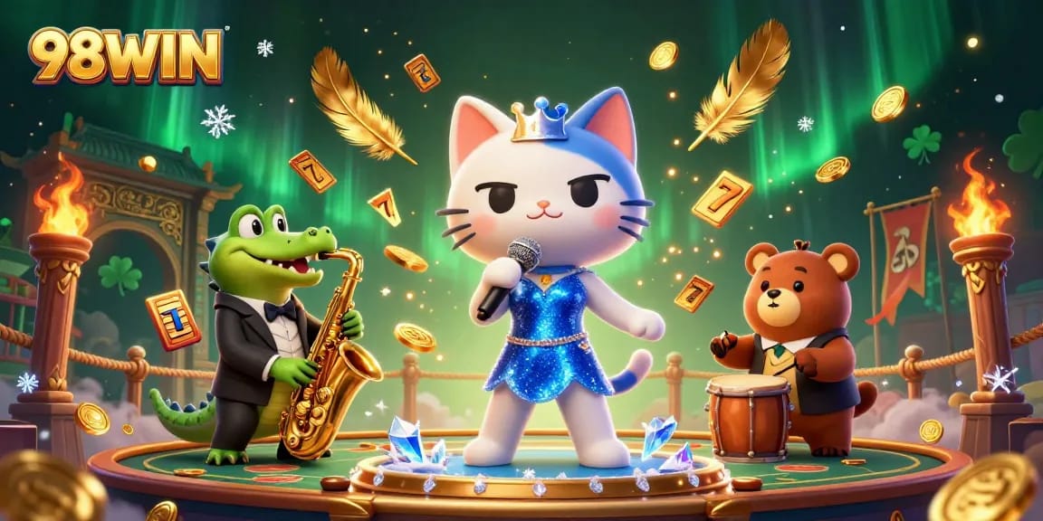 Experience big wins with 98WIN in a vibrant casino scene featuring jazz and colorful games.