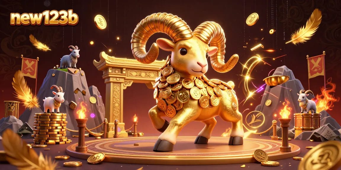 Experience thrilling wins at new123b, powered by a golden ram charging through a vibrant casino scene.