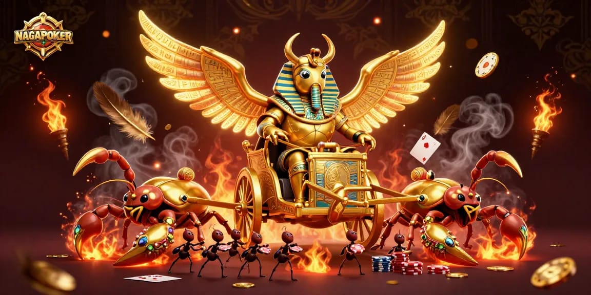 NAGAPOKER offers thrilling poker action featuring a colossal scarab beetle and scorpions in a dynamic scene.