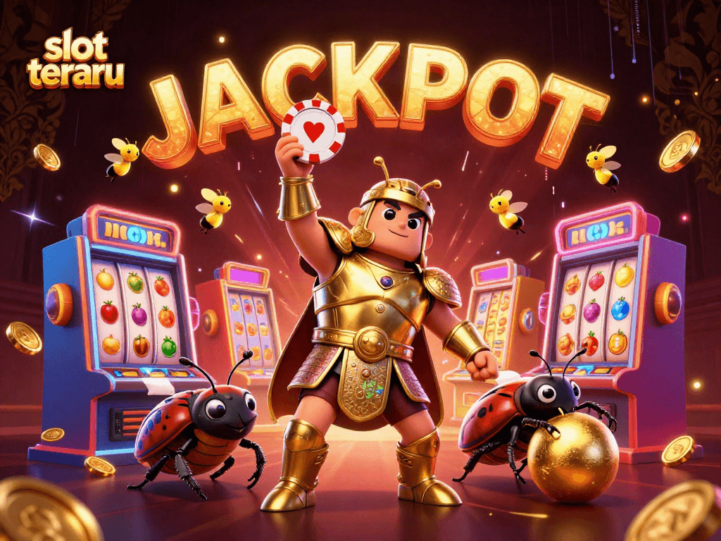 Experience slot terbaru with a vibrant scene featuring a heroic beetle and a jackpot celebration.