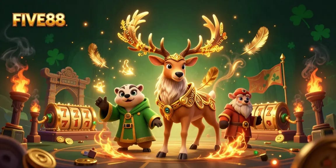 Join the action at FIVE88 with vibrant slot reels and magical characters in a dynamic casino scene.