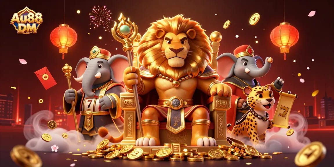 Experience the thrill of Au88 DM in a vibrant 3D casino scene with slot reels, lucky symbols, and energetic characters.