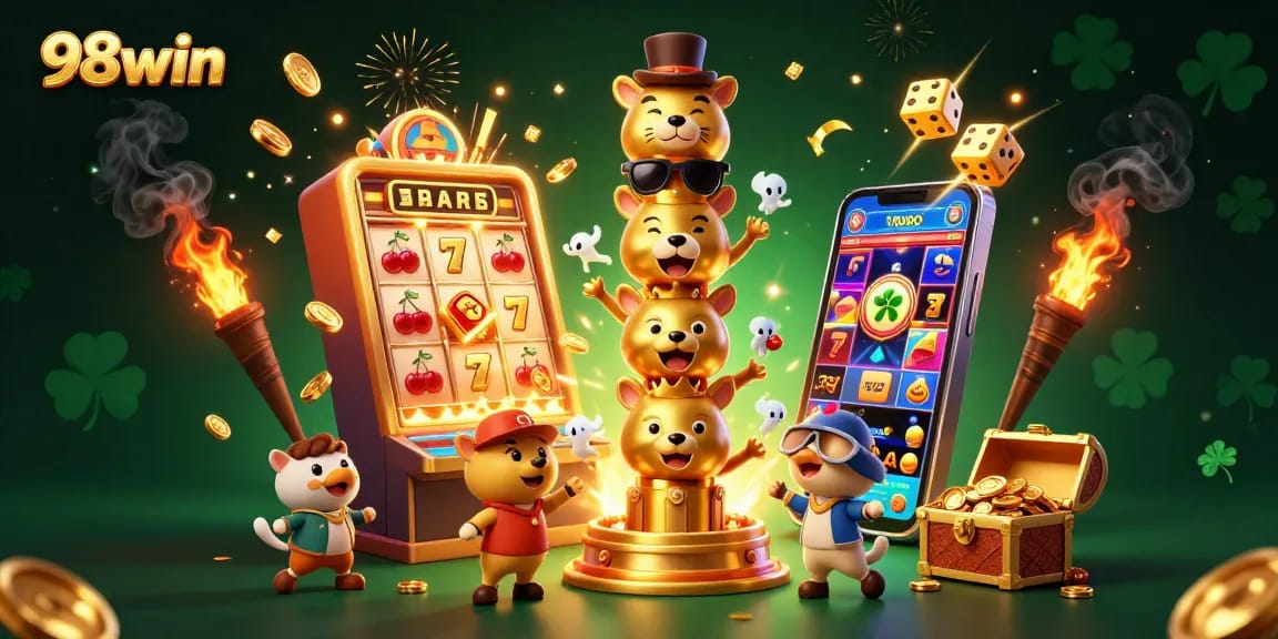 Spin and win at 98win with festive golden totem and jackpot excitement in a vibrant casino scene.