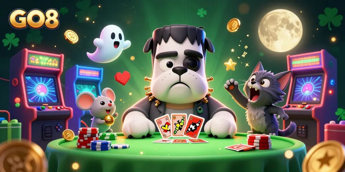 GO8 characters dealing cards at a spooky casino table with vibrant game elements and golden accents.