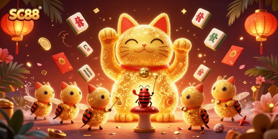 Experience the excitement of SC88's vibrant casino world with a golden lucky cat guiding players.