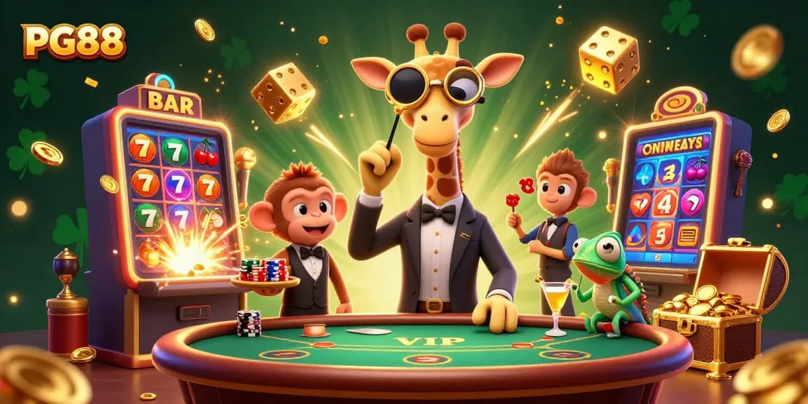 Experience dynamic gaming with PG88 in this vibrant illustration featuring high-stakes characters and casino excitement.