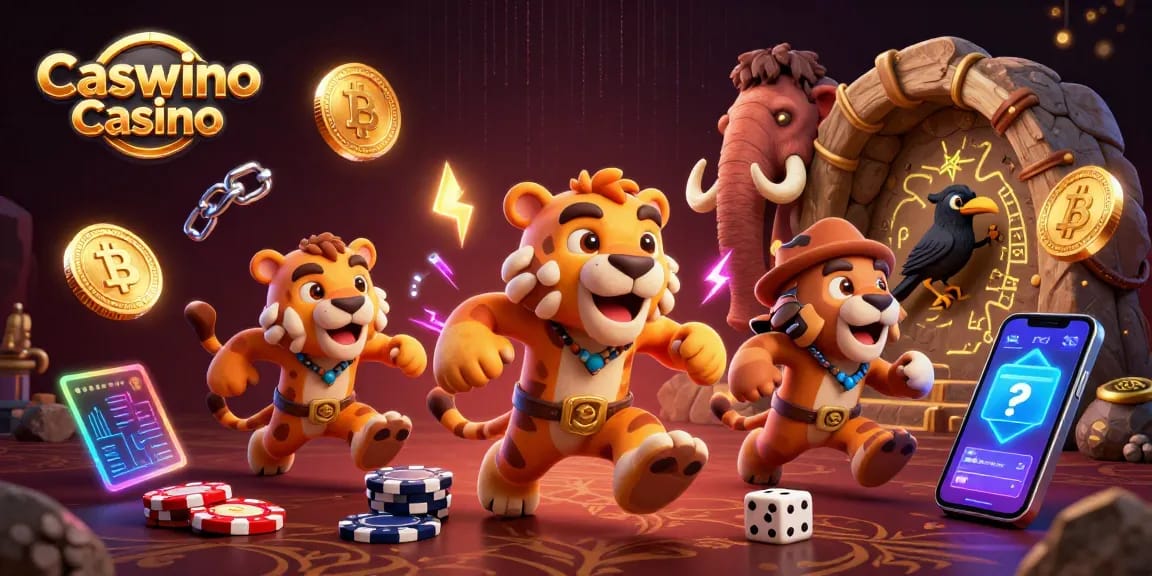 Join the fun at Caswino Casino with a vibrant scene showcasing a prehistoric-themed gaming experience.