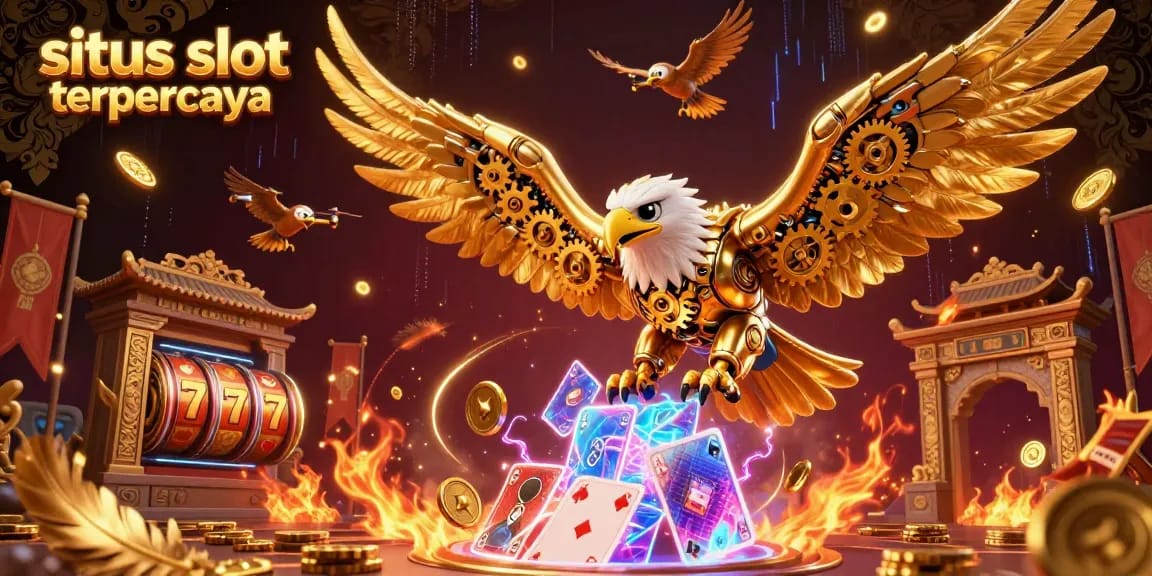 Situs slot gacor terpercaya features a vibrant 3D golden eagle diving through holographic cards, showcasing exciting slot gameplay.