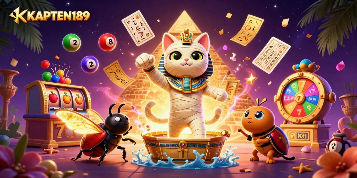 KAPTEN189 menampilkan kucing mummy kartun 3D di kasino dengan simbol slot dan jackpot.
