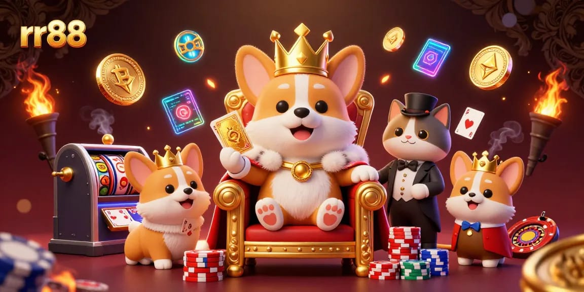 Experience rr88's vibrant 3D casino scene with royal characters and glowing game elements.