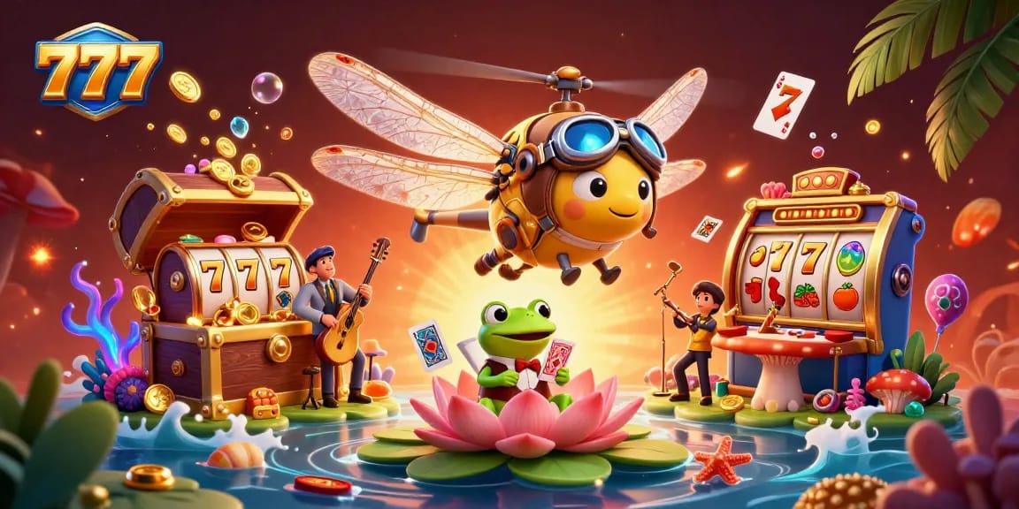 Engage with 777 slot action at a vibrant lily pad casino, featuring a frog croupier and jazz musicians.