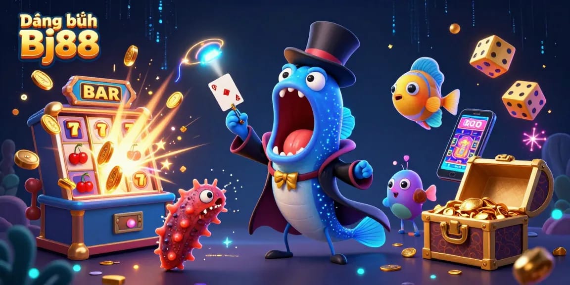 Experience Đăng ký Bj88 with a fun-filled, vibrant casino scene featuring magical deep-sea characters.
