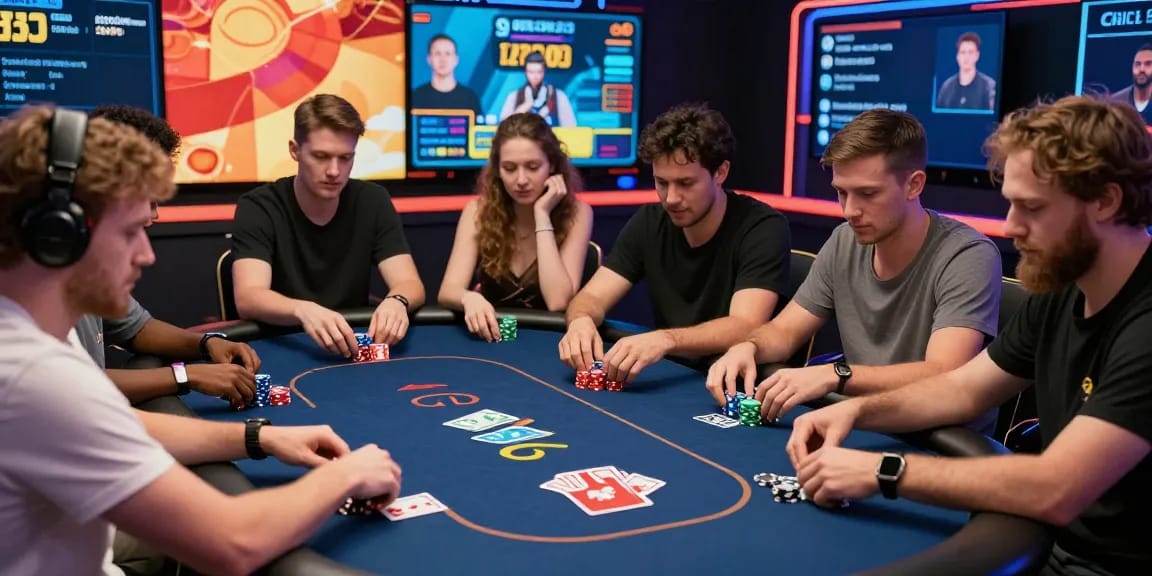 Exciting gaming moment at Dominobet online poker table, showcasing Daftar Dominobet players engaged in Texas Hold’em with animated graphics and vibrant atmosphere.