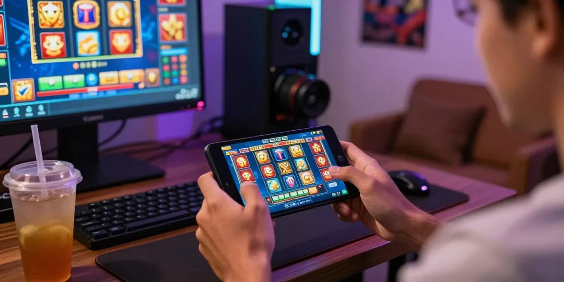 Engaged player using deposit pulsa tanpa potongan for online slots in vibrant gaming environment.
