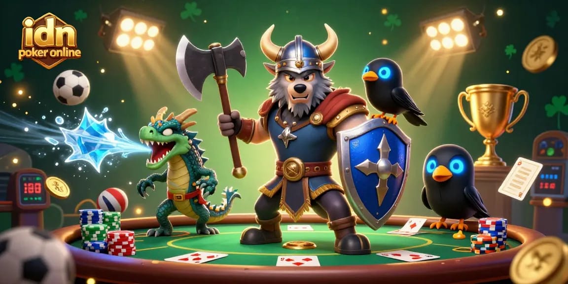 Permainan idn poker online dengan karakter unik, chip poker, dan tiket taruhan yang bersinar.