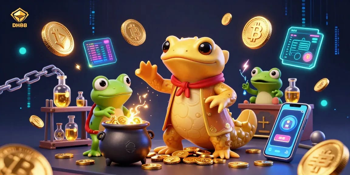 Experience winnings at DH88 with gold coins and magical alchemical transformations in an engaging casino scene.