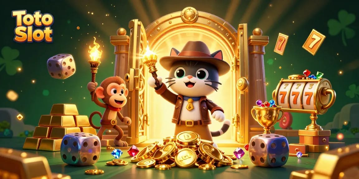 Engage in the exciting world of Toto Slot with a dynamic 3D scene featuring a cat archaeologist and treasures.