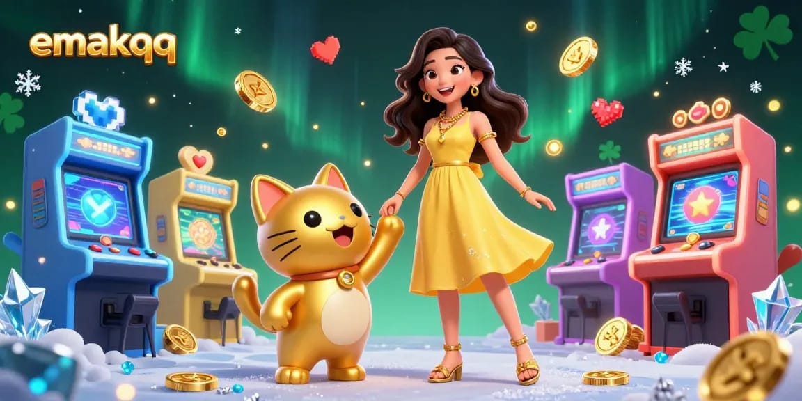 Win big with emakqq, an online gaming platform featuring vibrant characters and casino elements.