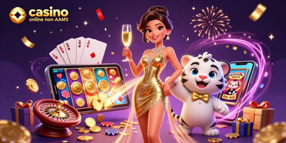 Scopri l'emozione dei casino online non AAMS con una scena glamour che presenta personaggi ed elementi di gioco dinamici.