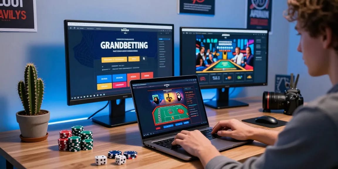 Engaged user exploring Grandbetting's online casino platform on laptop.