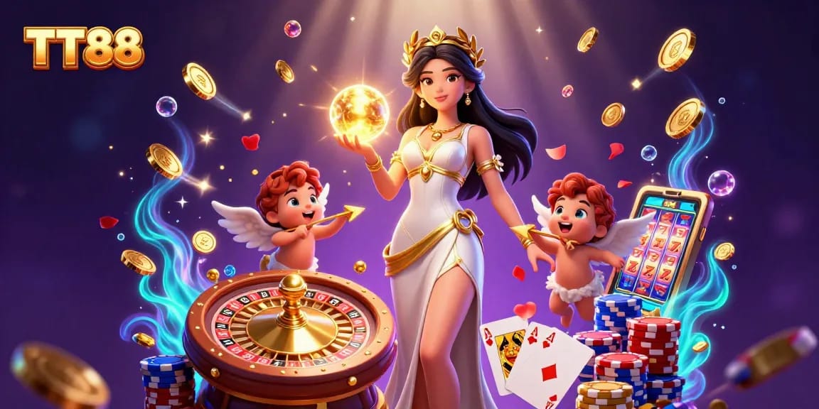 TT88 offers exciting online casino experiences with a magical goddess and cherubs amid cascading coins.