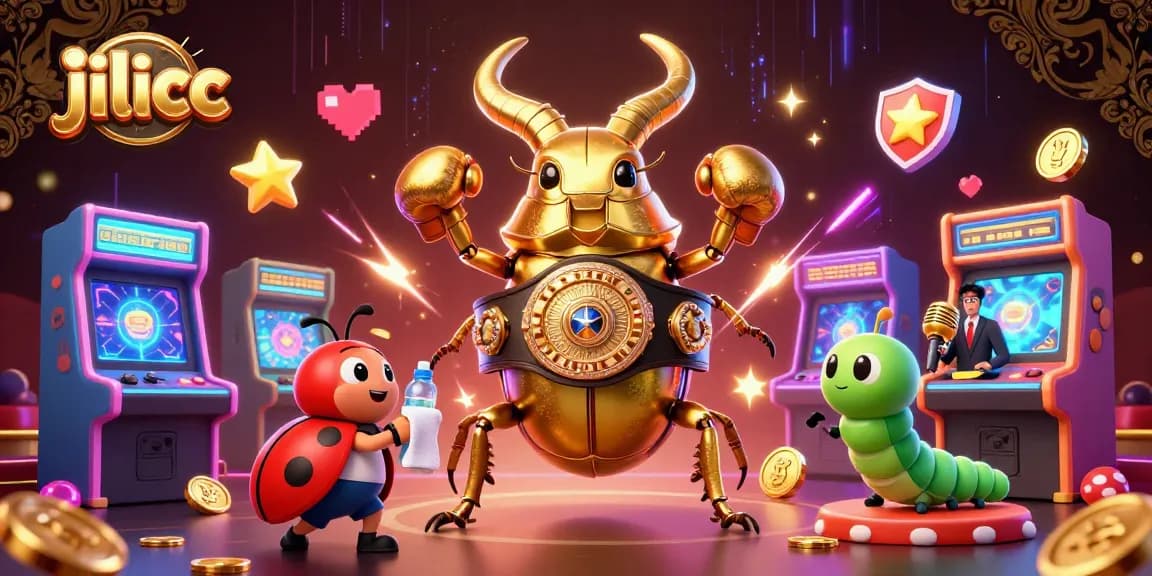 Experience thrilling gameplay with jilicc—an engaging illustration of a golden stag beetle champion in a casino setting.