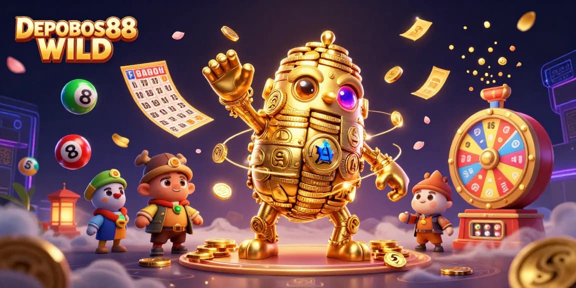 Engage with the vibrant DEPOBOS88 WILD adventure featuring a dynamic golden golem and lively lottery elements.