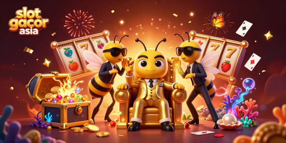 Slot gacor asia menampilkan bos lebah kartun dalam suasana kasino dengan peti harta karun dan koin emas berhamburan.
