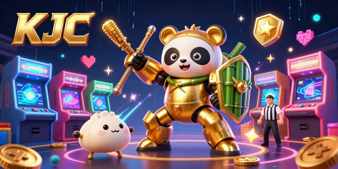 KJC features an engaging casino scene with a mech-suit panda and vibrant game elements, promoting thrilling gaming experiences.