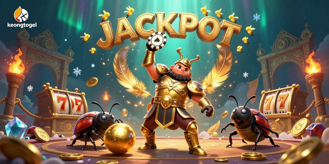 Experience keongtogel's thrilling jackpot with our cartoon beetle heroes in a dynamic casino atmosphere!