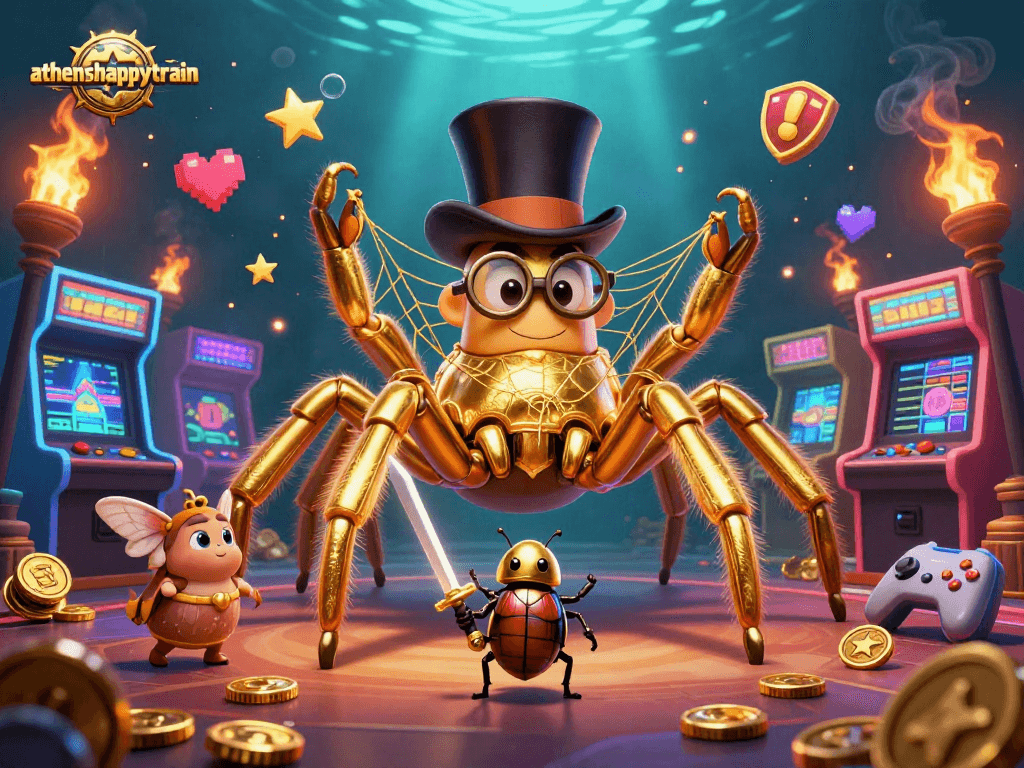 Engage with athenshappytrain's vibrant casino adventure featuring a golden tarantula and exciting gaming elements.