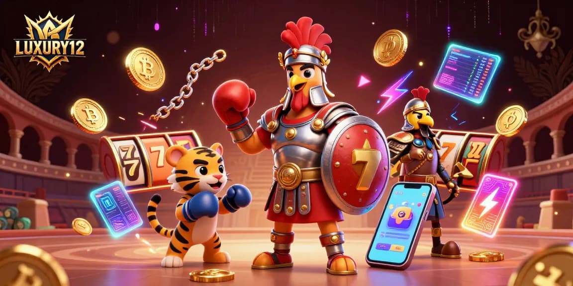 LUXURY12 offers a thrilling slots experience with vibrant characters and glowing cryptocurrencies, highlighting winning potential.