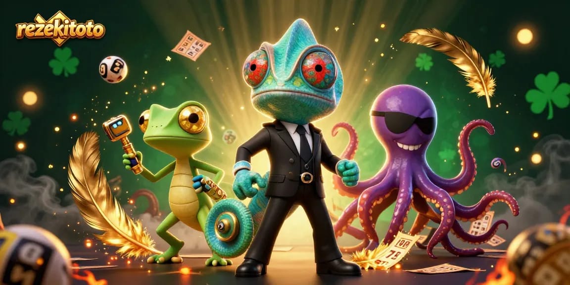 Play the exciting games at rezekitoto with vibrant illustrations of chameleon, gecko, and octopus.