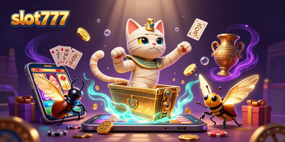 Experience the action of slot777 with a thrilling casino scene featuring an Egyptian mummy cat