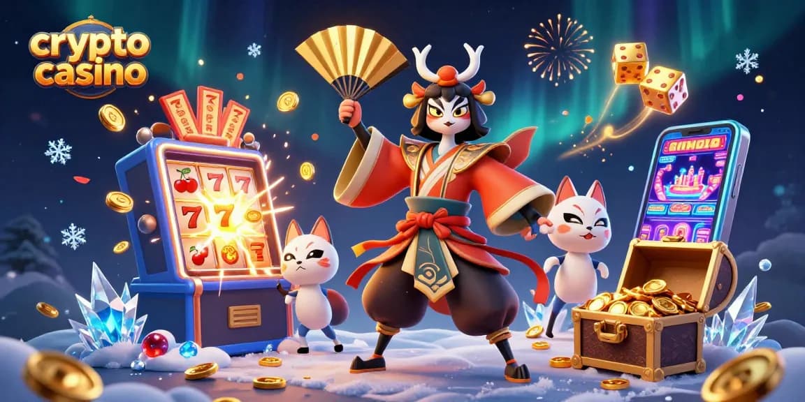 Experience excitement in a crypto casino with dynamic characters and vibrant gaming elements.