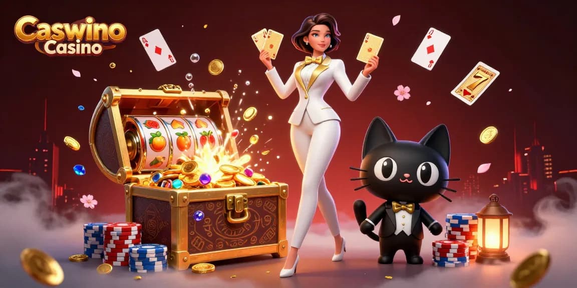 Play exciting games at Caswino Casino with a glamorous dealer and playful cat by her side.
