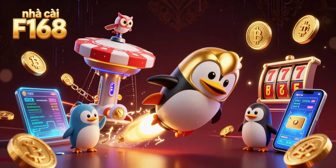 Engage with nhà cái F168 in a vibrant casino universe dominated by a golden penguin and crypto elements.