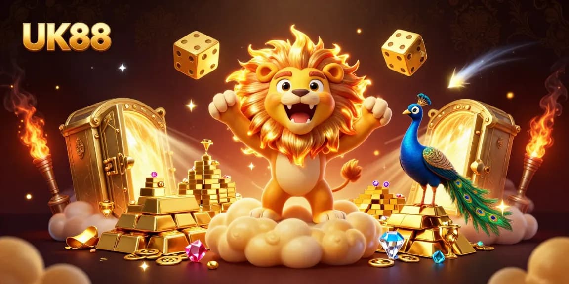 Experience the thrill of UK88 with a vibrant casino-themed 3D illustration featuring a majestic lion, golden dice, and treasures.