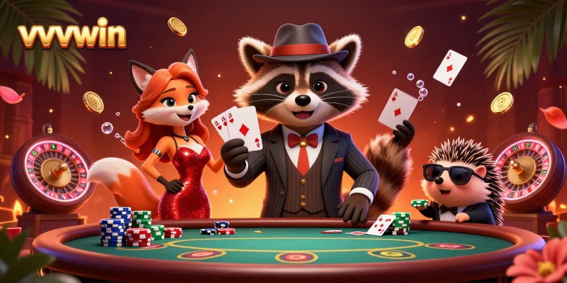 Bet big with vvvwin as a raccoon holds a royal flush at a vibrant casino scene.