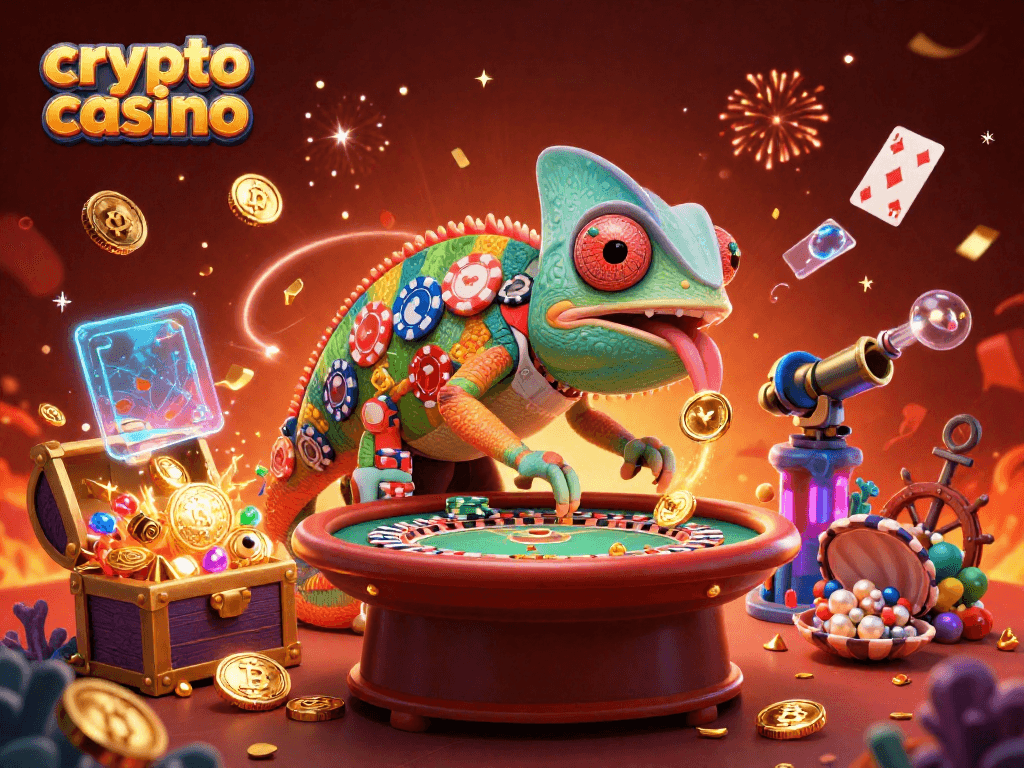 Engage with crypto casino excitement as the chameleon owner attracts coins and treasures in a vibrant scene.
