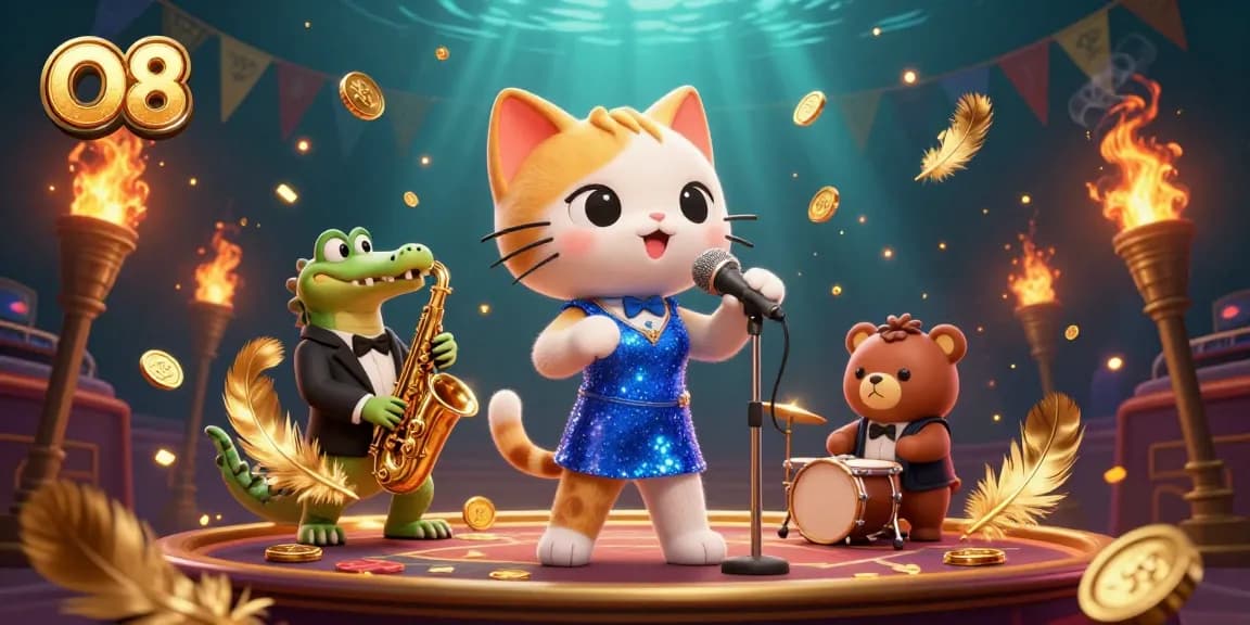 Engage with O8 at a vibrant casino scene featuring a jazz-singer cat and animated characters.