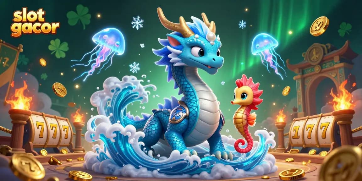 Experience the thrill of slot gacor with an azure dragon and seahorse knight in a vibrant casino scene.
