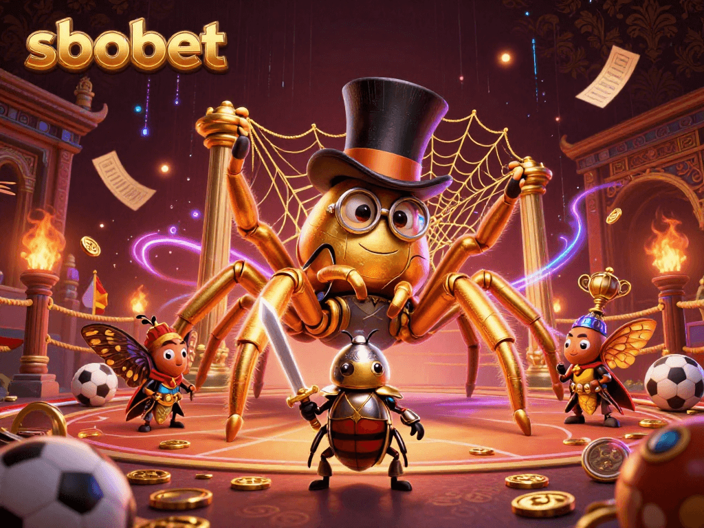 SBOBET sports betting scene featuring a golden tarantula and beetle knight with casino elements.
