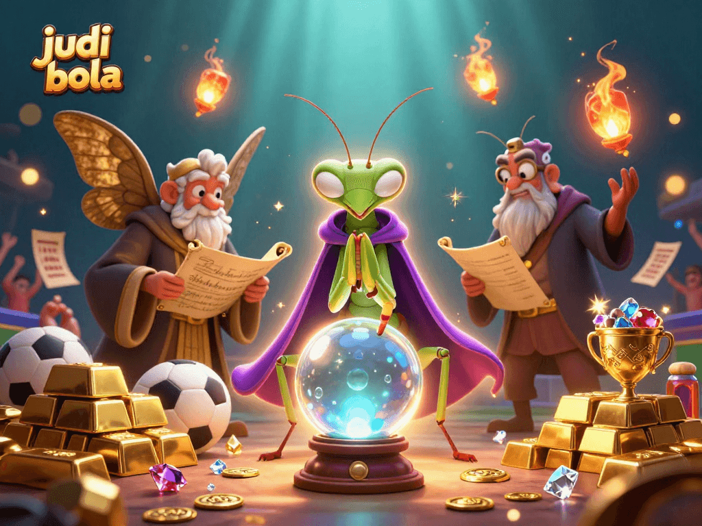 Engage in judi bola with vibrant betting elements, fortune tellers, and rich treasure in a lively scene.