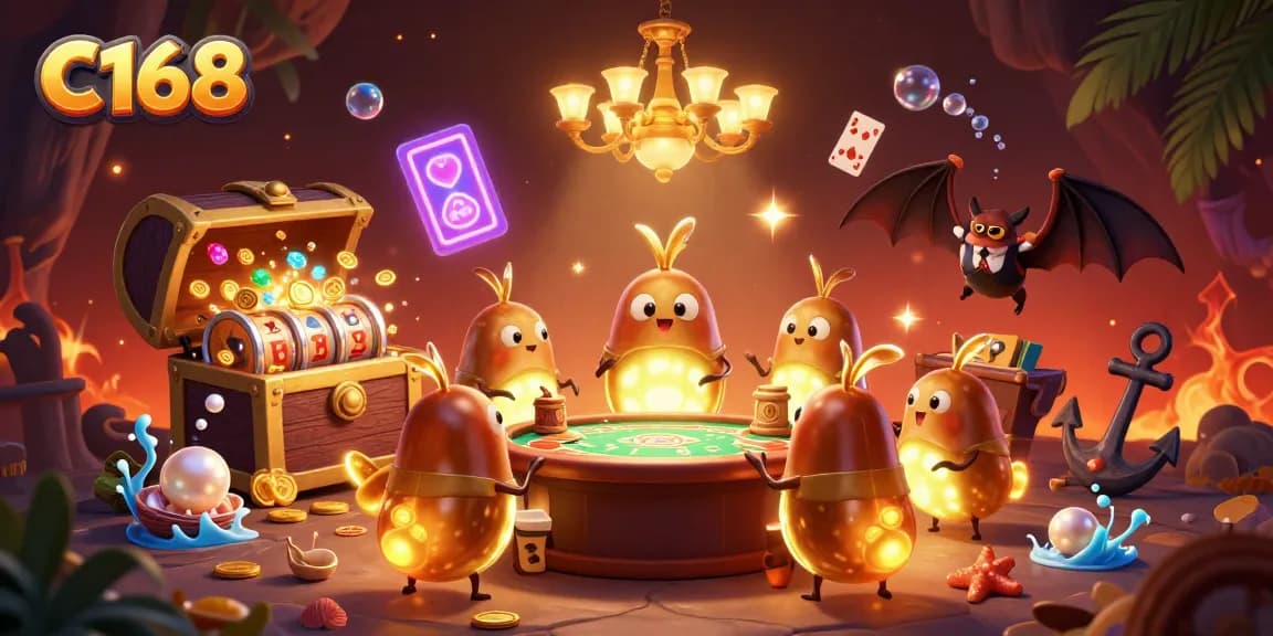 Experience the thrill of C168 in a vibrant cave casino illuminated by glowing glowworms and adorned with golden treasures.