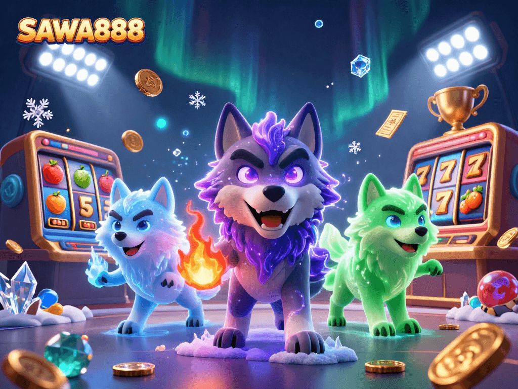SAWA888 leads the pack in this dynamic illustration showcasing exciting slot reels and ghostly wolves.