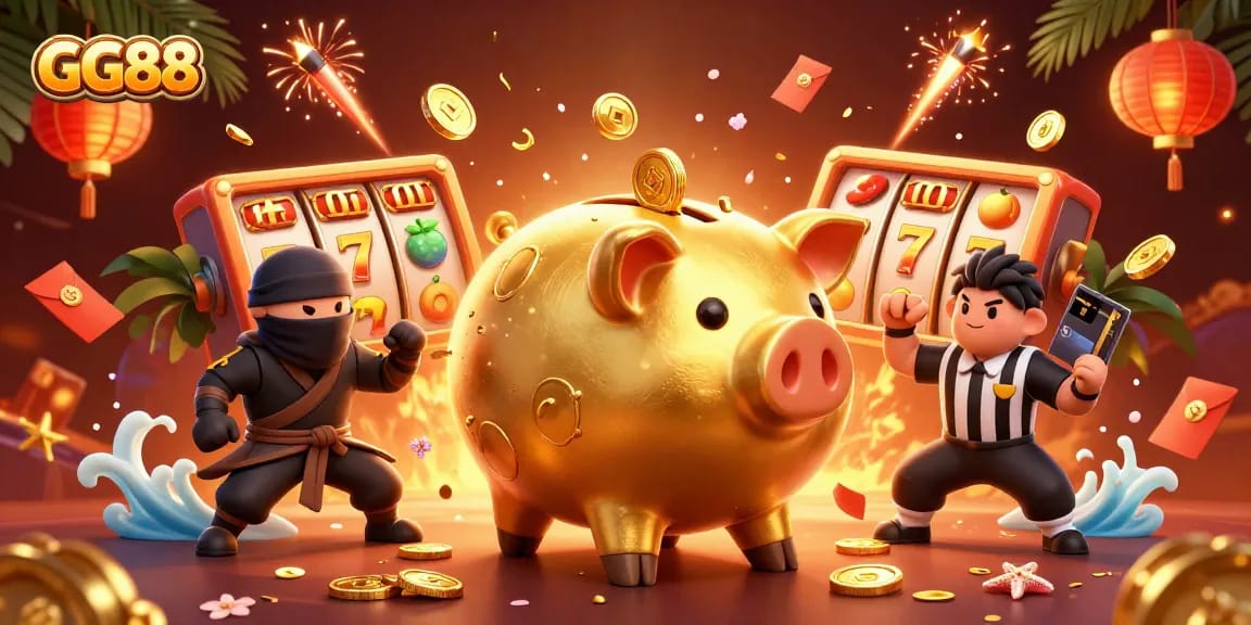 Win big with GG88 at this vibrant 3D casino scene featuring a dynamic sumo wrestler and epic gaming elements.